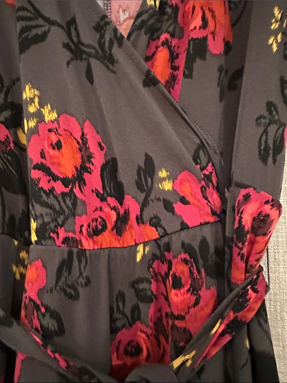 Torrid Floral Wrap Midi Dress in Charcoal with Red Roses 1x